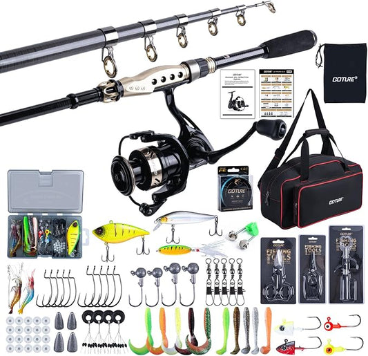 GOTURE Telescopic Fishing Rod and Reel Combos, Carbon Fiber Travel Fishing Pole, 9+1 BB Spinning Reel, Saltwater Freshwater Fishing Gear Kit with Braided Line, Lures, Carrier Bag for Bass Trout