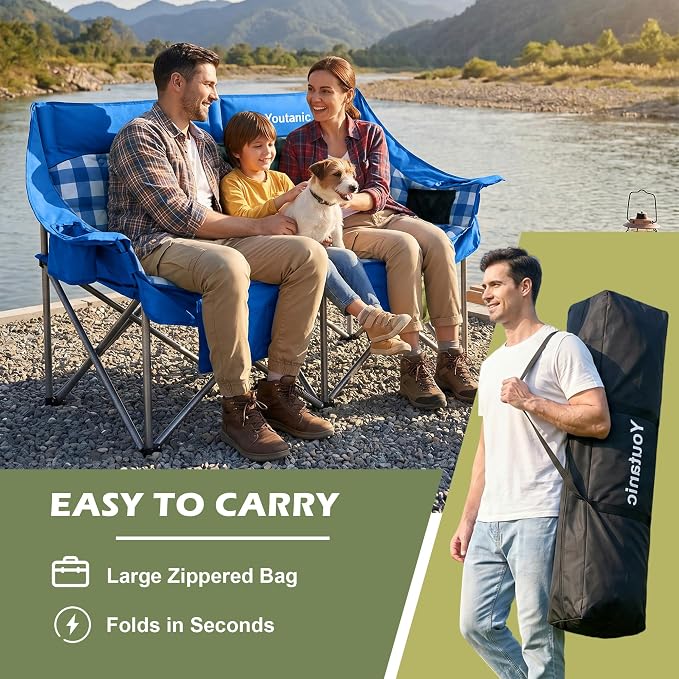 Youtanic 60" Extra Double Camping Chair, 700lbs Heavy Duty Padded Loveseat for Adults, Oversized 2 Person Folding Camp Couch with Dual Cup Holders, Portable Plaid Lawn Chair for Outside, Sports, Blue