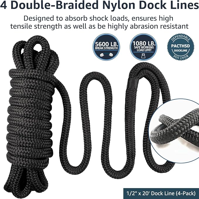 4 Pack 1/2" x 20' Dock Lines - Marine Grade Nylon Boat Ropes with 12" Eyelet for Docking and Mooring - Double Braided Boat Lines, High Strength, Easy Handling, Fray Resistant - Black