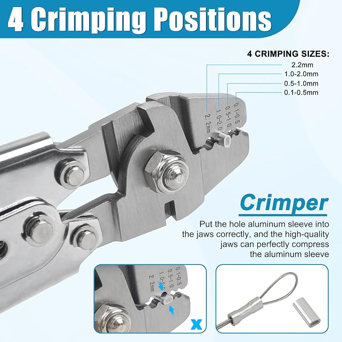 Fishing Crimping Tool Kit Stainless Steel Crimp Pliers Wire Rope Crimping Tool + 590pcs Crimp Sleeves Beads Kit,8 Crimping Sizes