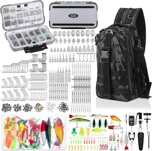 WinnerWhy 484 Pcs Fishing Tools Accessories Kit Include Fish Backpack Fish Hook Lures Hook Remover Lip Gripper for Men Women Fishing Gifts(Camouflage)