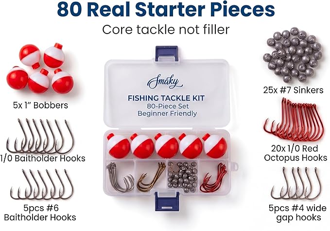 Smaky Fishing Tackle Kit Beginners Equipment 80 Pcs-Includes Fishing Hooks Bobbers Circle Octopus Hooks Sinkers| Starter Kit for Artificial and Live Baits (80-Pcs)