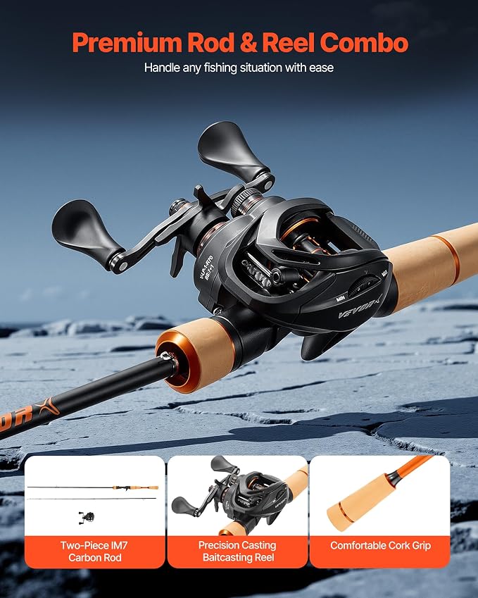VEVOR Rod and Fishing Reel Combo, IM6/7 Carbon Fiber Spinning/Baitcasting Rod and Reel Combo, Bass Fishing Pole, Stainless Steel Guides with Ceramic Rings