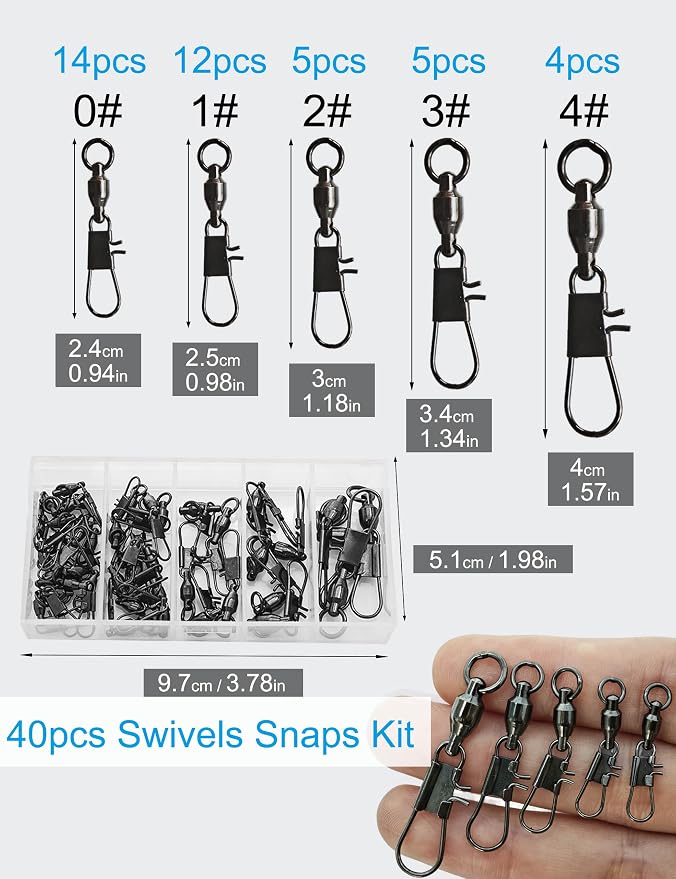 Hlotmeky Fishing Swivels with Interlock Snaps - 40 Pack Ball Bearing Swivels Black Nickel Snap Swivels High Strength Stainless Steel Corrosion Resistant Terminal Tackle for Saltwater Freshwater