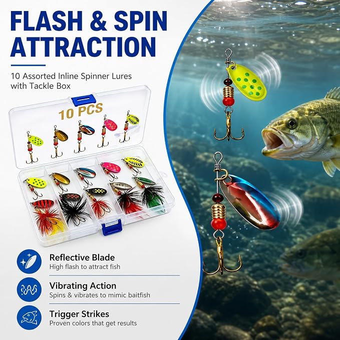 Fishing Spinner Lures Kit 10/15/16/20PCS, Inline Spinner Baits with Treble Hooks and Feather Tails, Metal Fishing Lures for Trout Bass Salmon Panfish, Multi-Color Freshwater Fishing Tackle Set