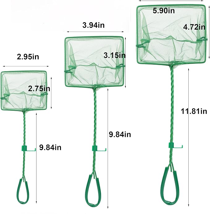 3PCS Aquarium Fish Net Fine Mesh Net Quick Catch Nets Nylon Fishing Nets with Long Plastic Handle for Fish Tank, Green, 3in 4in 6in