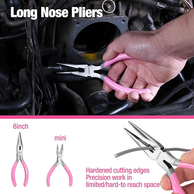 WORKPRO 7-piece Pliers Set with Groove Joint, Long Nose, Slip Joint, Linesman, and Diagonal Pliers for DIY & Home Use - Pink Ribbon