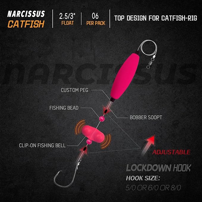 Narcissus Catfish Rigs Set – 6 Pre-Tied Rigs with 2 Sinker Sliders, Float Rigs Tackle, Santee Rig, Circle Hooks 6/0 – Complete & Ready-to-Use Kit