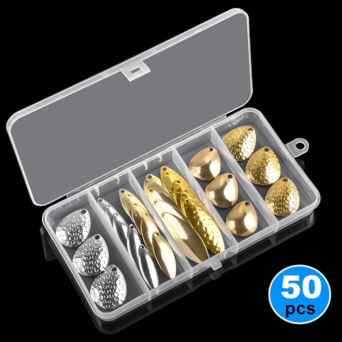 Spinner Blades for Lure Making,50pcs Easy Spin Colorado Willow Blades Kit Gold Silver Spinnerbait Blades Spoon DIY Fishing Lures Accessories for Spinner Baits Walleye Rig Making