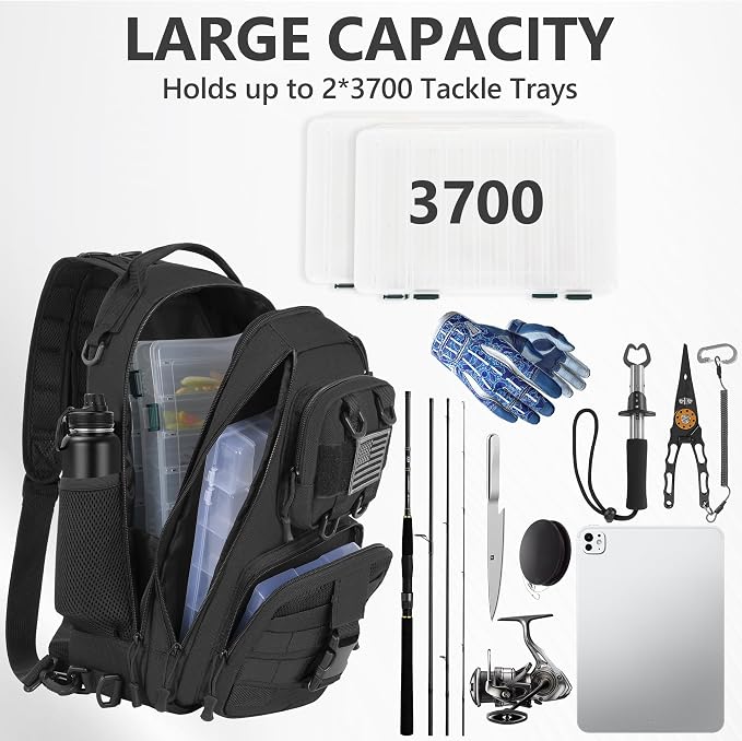 GMAK Fishing Backpack Tackle Sling Bag, Large Tactical Fishing Tackle Backpack with Rod & Gear Holder, Lightweight Outdoor Water-Resistant Tackle Gear Pack Shoulder Bags for Men Women, Black