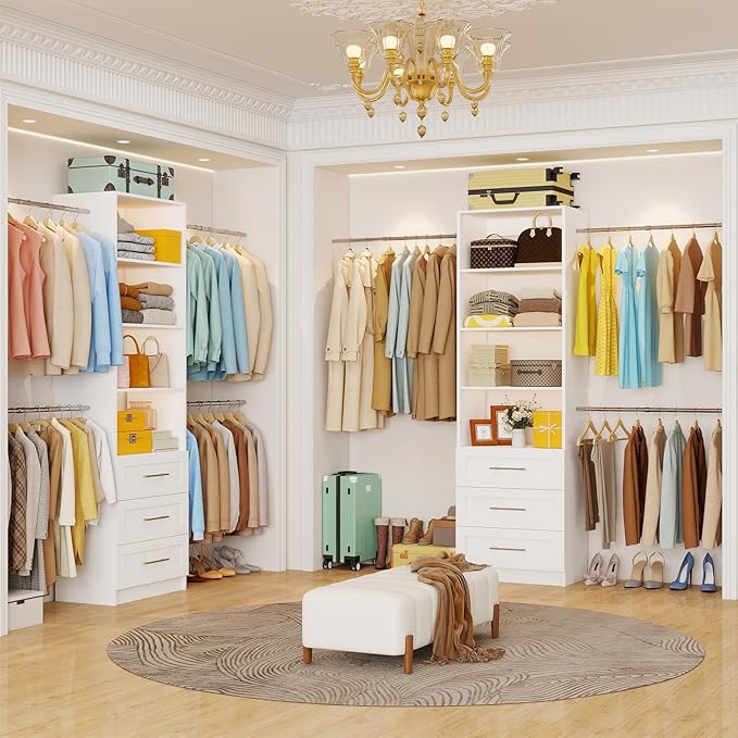 Closet System with Drawers, 4-8FT Closet Organizer System, 96” Walk in Closet Organizer Tower with Adjustable Shelves, Modular Closet Storage Drawer System with 4 Expandable Hanging Rods, White