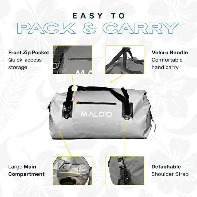 Malo’o Waterproof Dry Duffel, Heavy-Duty Roll Top Waterproof Gear Bag with Shoulder Strap & Molle Loops, Marine Duffel for Kayaking, Boating, Camping, Beach & Travel, Grey, 40L
