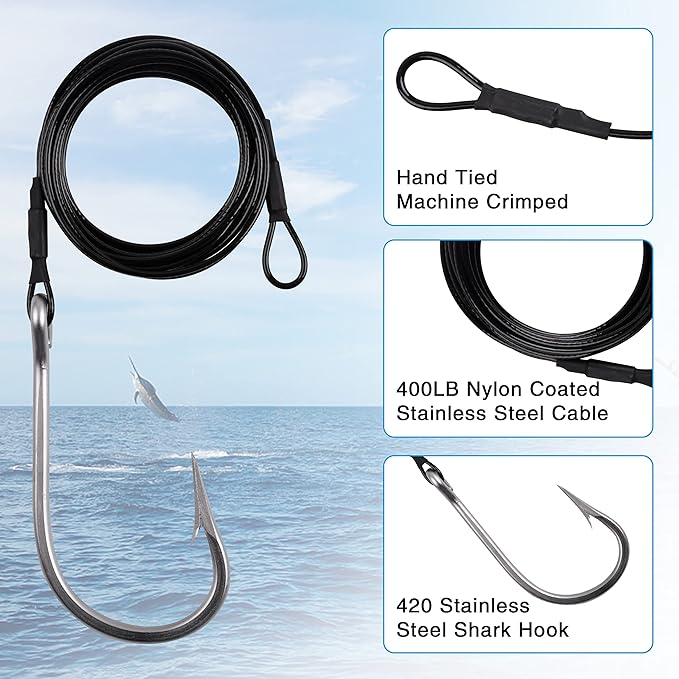Fishing Shark Rig,2pcs Surf Fishing Leader Rigs with Tuna Shark Hooks Stainless Steel Cable Leader Wire Rig Deep Sea Fishing Hooks Big Game Leader Rig for Shark Tuna Toothy