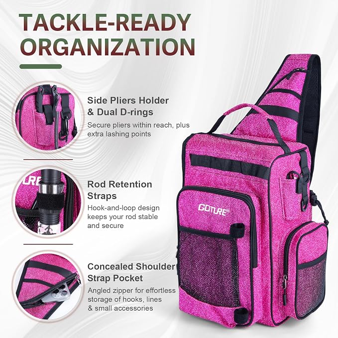 Goture OpenSide Tactical Sling Tackle Bag with 3 3700 Tackle Trays, Lightweight Fishing Backpack Storge Gear Outdoor-Shimmering Pink Bag,Gift for women