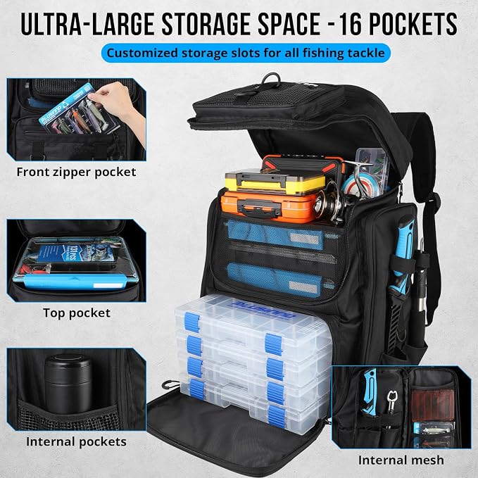PLUSINNO Fishing Tackle Backpack with Rod Holders，42L Water-resistant Fishing Bag Store Fishing Gear,Fishing Gifts For Men.