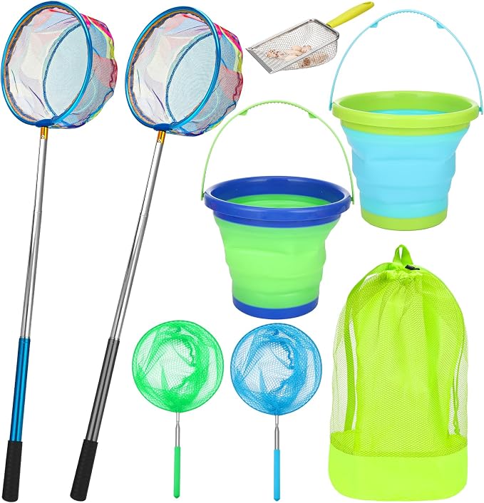 2 Pack Telescopic Kids Fishing Net with Handle, 2 Collapsible Bucket Sand Pail, Stainless Steel Foldable Fishing Net Small Fishing Butterfly Bug Net Beach Shovel with Storage Bag
