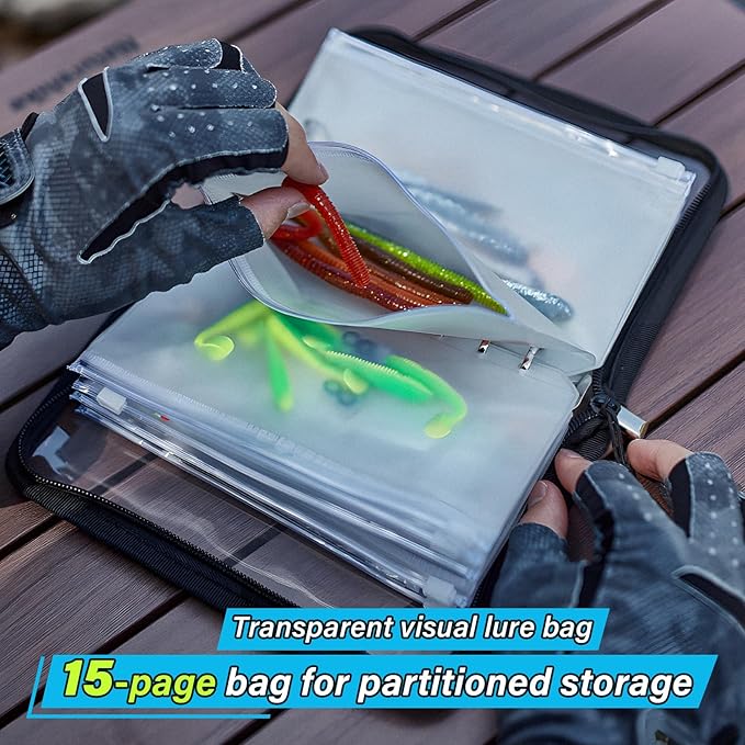 THKFISH Fishing Bait Binder, Clear Soft Plastic Bait Bags with 15pcs Thickened Ziplock Bag Storage for Hooks, Sinkers & Fishing Accessories