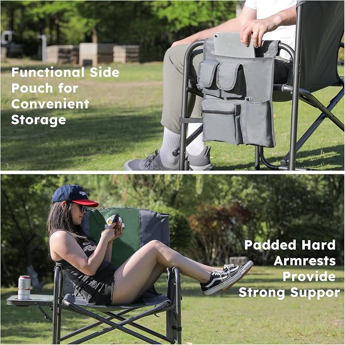 Colegence Oversized Directors Camping Chair Support 600 LBS, Heavy Duty Folding Outdoor Chairs with Detachable Side Pocket and Adjustable Side Table for Outside Beach,Lawn,Fishing (Green)