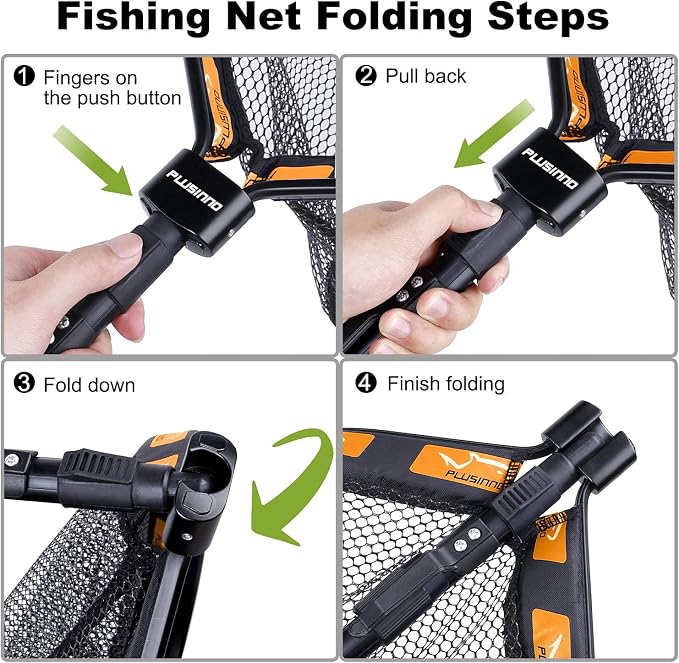 PLUSINNO Floating Fishing Net for Steelhead, Salmon, Fly, Kayak, Catfish, Bass, Trout Fishing, Rubber Coated Foldable Landing Net with Fixed or Telescoping Pole Handle, Fishing Gear and Gifts for Men