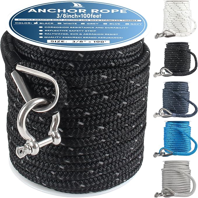 Anchor Rope 100 ft x 3/8 inch Black, Double Braided Anchor Line with Stainless Steel Thimble & Shackle, Boat Rope with Reflective Strip Ideal for Towing,Mooring,Anchoring,for Boats Up to 27'