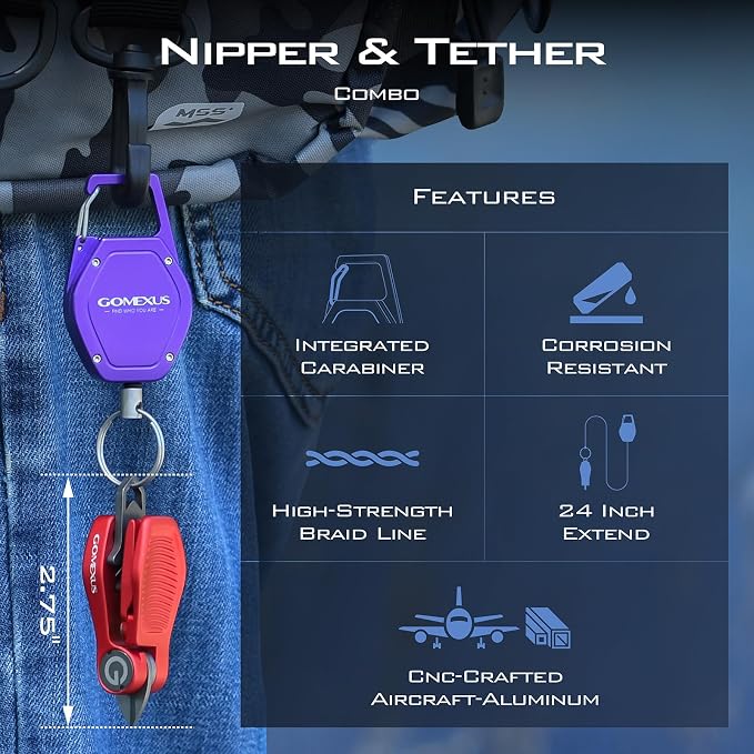 GOMEXUS Sharkbite Fishing Line Cutter with Retractors and Fishing Knot Tying Tool and Hook Eye Cleaner, Fly Fishing Nippers