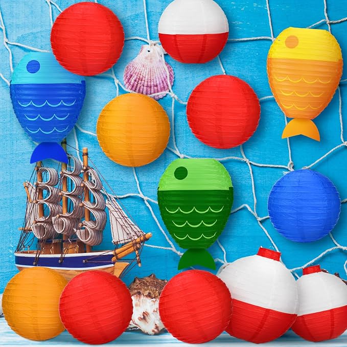 Bencailor 13 Pcs Fishing Hanging Paper Lanterns Fishing Birthday Decorations Fish Shaped Lanterns Bobber Round Paper Lanterns for Fishermen Theme Pool Party Decoration Supplies, 12 Inches, 8 Inches