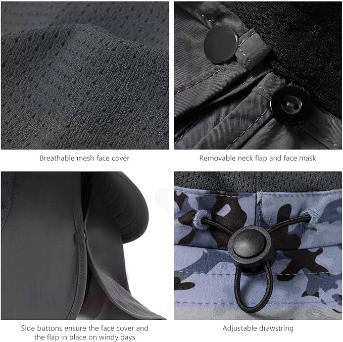 BASSDASH UPF 50+ Breathable Sun Hat with Removable Face Cover and Neck Flap Wide Brim Bucket Hat for Fishing Hiking Men Women