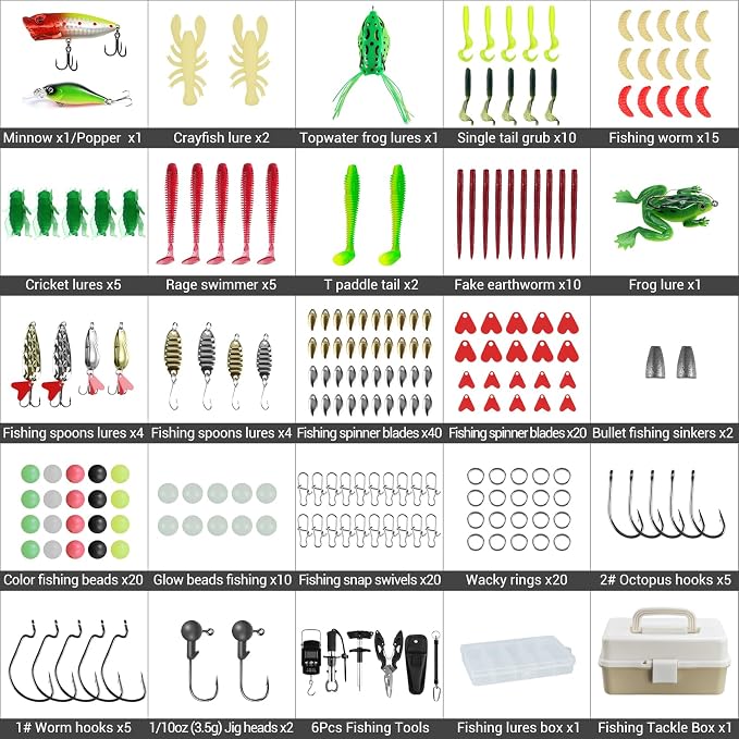 Layers Fishing Tackle Box, 213Pcs Fishing Lures Kit with Small Fishing Tool Kit Containing Weights Scale, Lip Clip, Hook Remover, Fishing Accessories, Fishing Gear for Beginners, Kids, Men, Adults