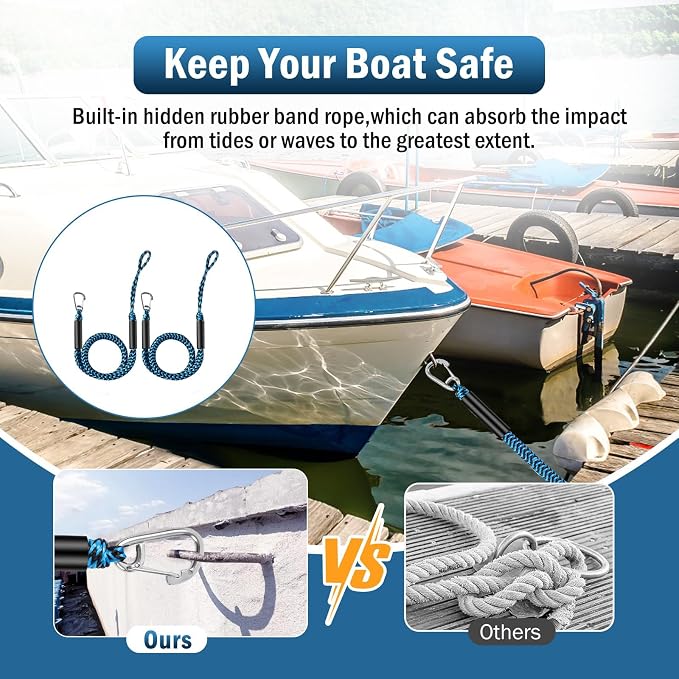 Bungee Dock Line with Stainless Steel Clip – Boat Dock Rope with Foam Float for Kayak, Canoe, Pontoon, Watercraft, SeaDoo, Docking – 4–5.5 ft, 2 Pack（Blue&Black）