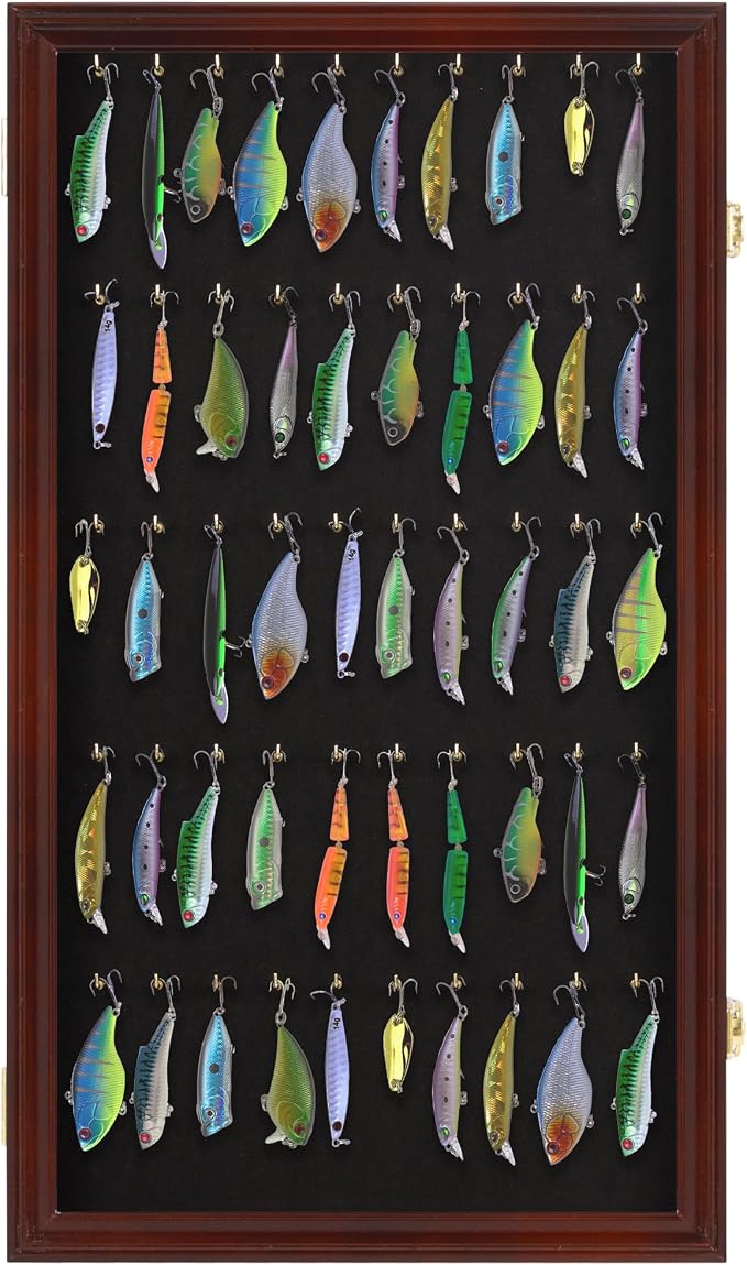 Fishing Lures Keychain Display Case Pocket Watch Wall Cabinet Frame Keyring Golf Bag Tag Luggage Tag Showcase Shadow Box Mahogany Finish