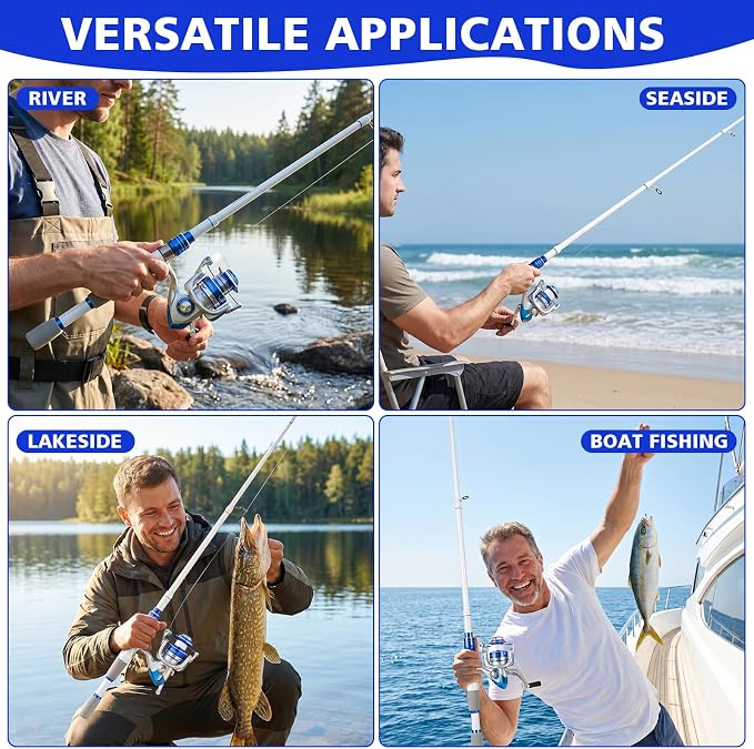 Fishing Rod and Reel Combo,2 Pcs 2.1M Collapsible Fishing Rod Kit with Carrier Bag,Spinning Reels,2 Lines,Lures Baits,Fishing Gifts for Men Women Saltwater Freshwater