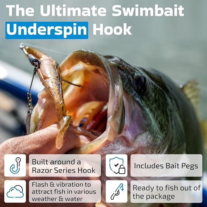 Harmony Fishing - Razor Series Underspin Swimbait Hooks (4 Pack w/ 5 Bait Pegs) - Weighted Weedless Swimmer Hooks with Flashy Willow Spinner Blades