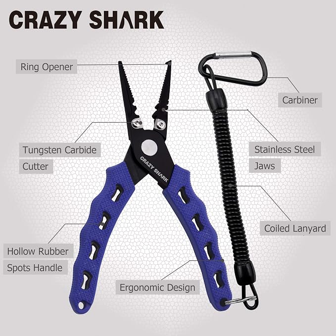 Fishing Pliers, Stainless Steel Fishing Tools, Saltwater Resistant Fishing Gear, Tungsten Carbide Cutters, Split Ring Pliers, Hook Remover with Coiled Lanyard and Sheath