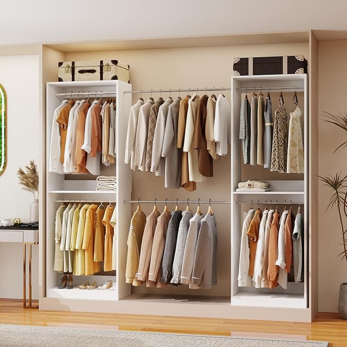 Closet System, 8FT Wood Closet Storage Organizer System with 12 Hanging Rods, 81" Tall Modular Closet System,Standalone Walk In Closet System,Set of 4, White