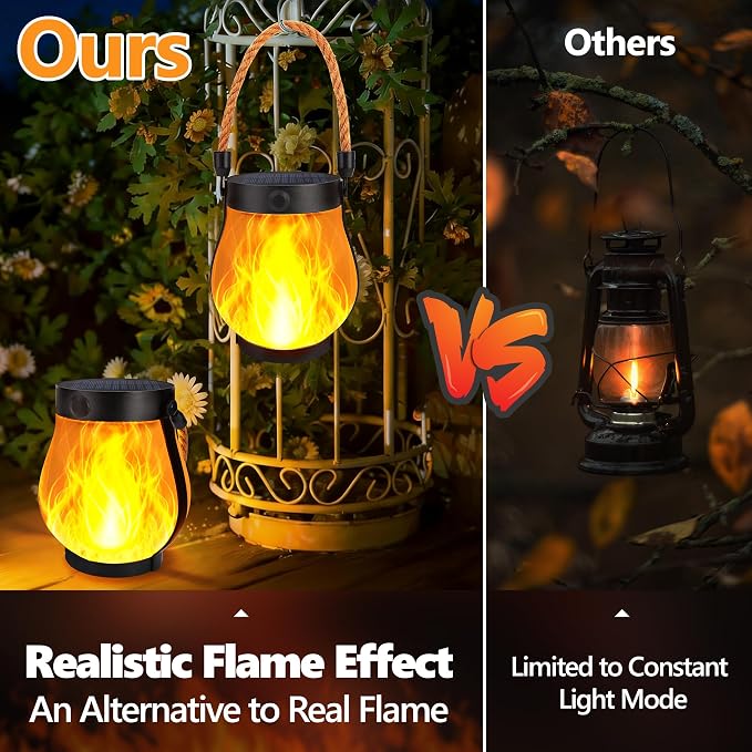 Toodour Solar Lanterns Outdoor Lights, 2 Pack Waterproof Flickering Flame Hanging Lanterns with 2 Modes, Dual Charging USB/Solar Solar Lights for Camping Patio Garden Yard Porch Deck Outdoor Decor