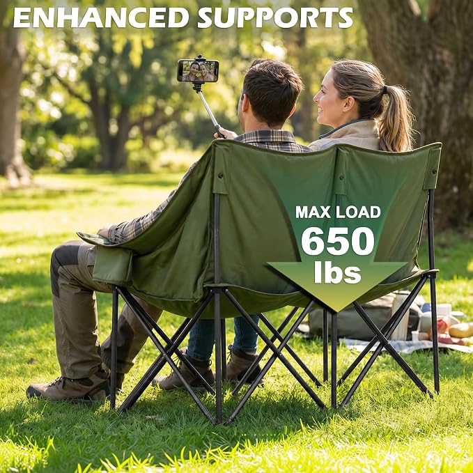 Youtanic Double Camping Chair, Heavy Duty 650lbs Padded Loveseat for Adults, Folding 2 Person Camp Couch with Cup Holder & Carry Bag, Wide Plaid Portable Lawn Seat for Outdoor Beach Sports, Green