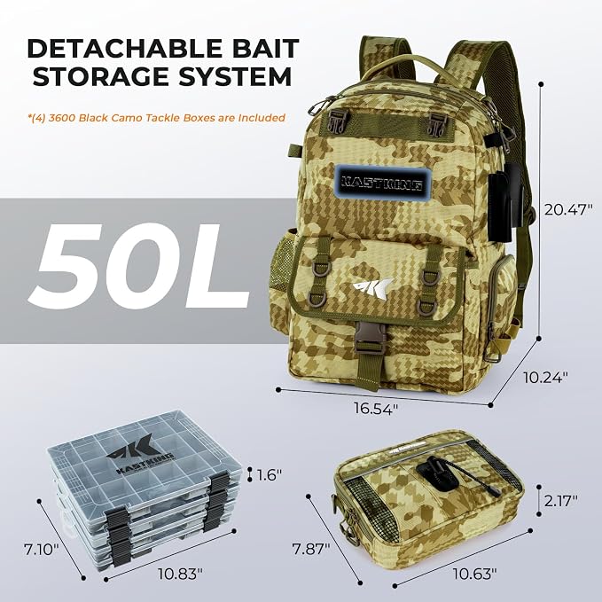 KastKing BaitSpace Fishing Tackle Backpack with Removable Bait Binder,2 Rod Holders Storage Fishing Gear and Equipment