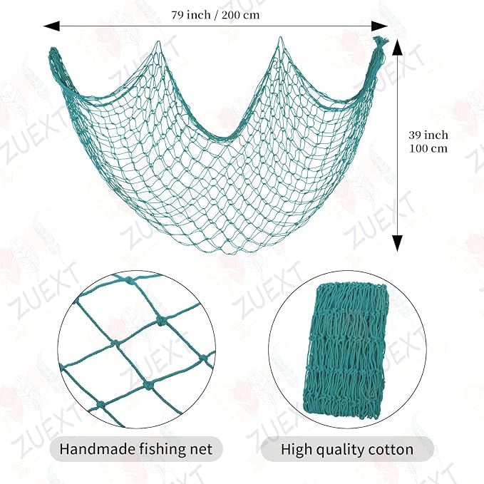 ZUEXT Aqua Decorative Fishing Net 80x40 Inch, 2 Pack Large Picture Fish Net, Wall Photo Hanging Fishnet for Nautical Mermaid Pirate Ocean Themed Hawaii Beach Under the Sea Party Decorations