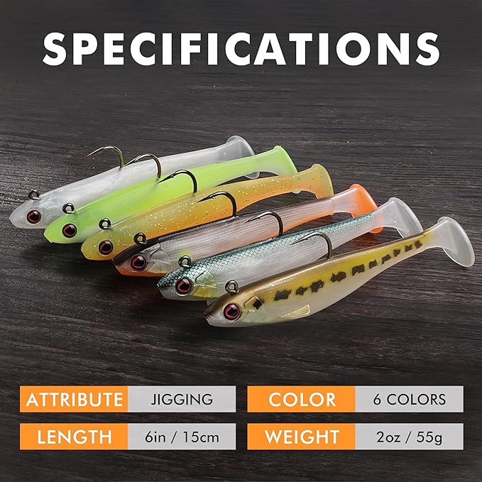 TRUSCEND Shadtale Easy Catch Soft Fishing Lures with BKK Hooks - Trembly Sinking and Vibrating Swim for More Bites, Pre-Rigged Swimbaits for Bass, Trout, Crappie, Walleye, Freshwater Saltwater Fishing