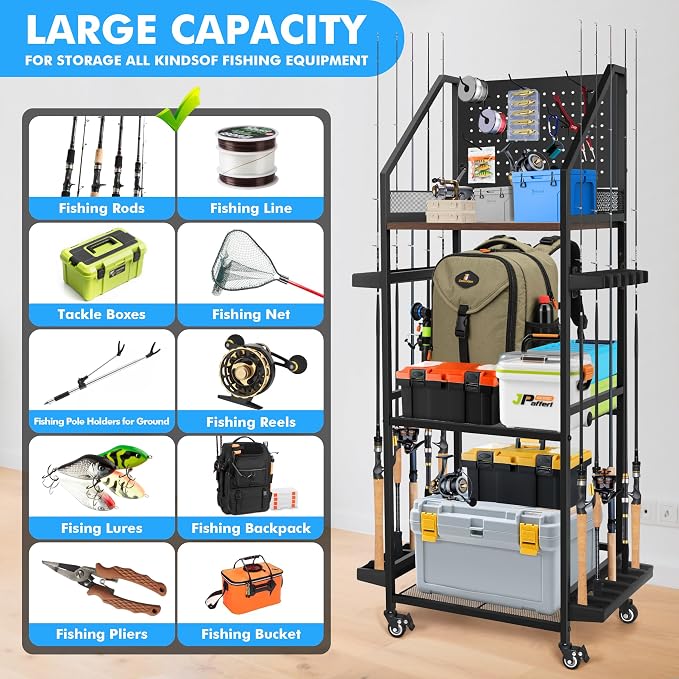 Fishing Pole Holders for Garage,3 Tiers Fishing Rod Rack,Holds up to 12 Rods,Fishing Organizer with Pegboard&Hooks&Lockable Wheels,Fishing Pole Storage for Reel Combos/Tackle/Fishing