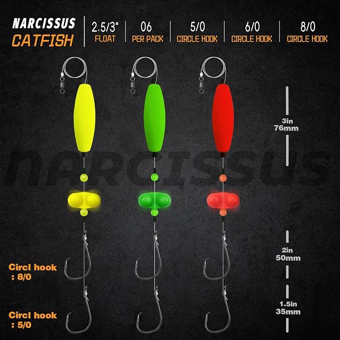 Narcissus Catfish Rigs Set – 6 Pre-Tied Rigs with 2 Sinker Sliders, Float Rigs Tackle, Santee Rig, Circle Hooks 6/0 – Complete & Ready-to-Use Kit
