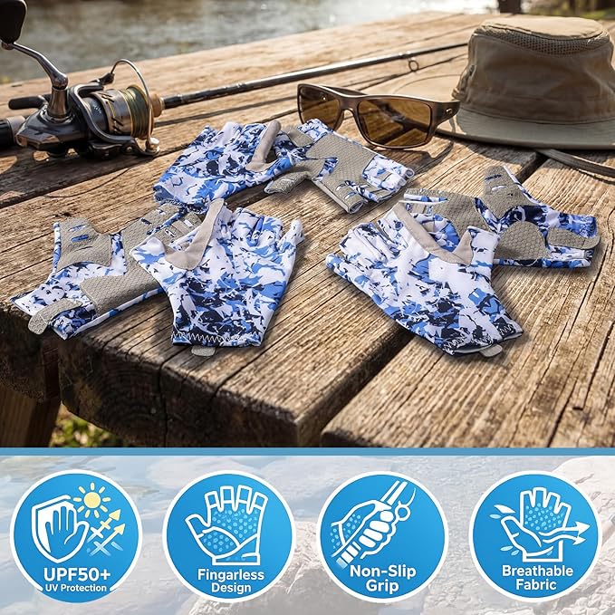 Unittype 3 Pairs Fishing Gloves, UPF50 Fingerless Sun Protection Gloves for Outdoor Fishing, Breathable Non-Slip Grip, Sky Blue