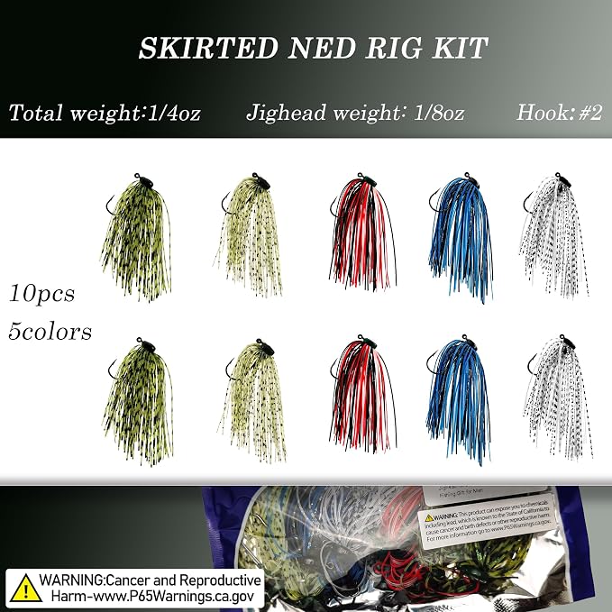 Ned Rig Jig Heads Soft Plastic Worms Fishing Lures Kit, 60/50/10 Pcs Weedless Skirted Mushroom Ned Rigs Jighead Hooks Stick Baits Bass Fishing Lures for Freshwater Saltwater