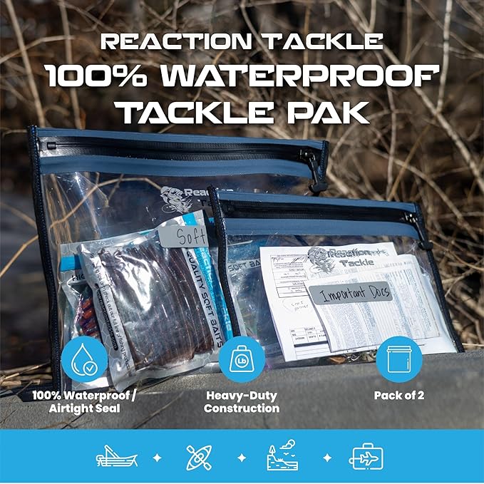 Reaction Tackle Waterproof Clear Tackle Bags, Dive Rated Zipper Submersion Proof Storage for Soft Plastics and Lures, Gusseted and Flat for Boats and Kayaks (2-Pack)