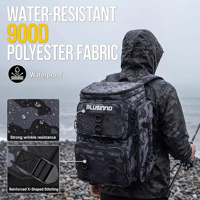 PLUSINNO Fishing Tackle Backpack with Rod Holders，42L Water-resistant Fishing Bag Store Fishing Gear, Fisher Gifts For Men.