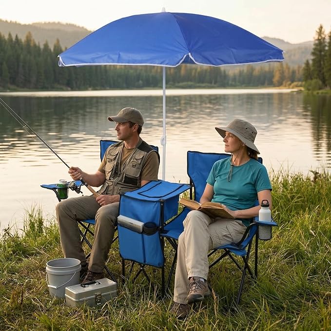 2-Person Folding Beach Chair with Removable Umbrella, Double Camping Chair with Built-in Cooler Bag & Cup Holders, Portable Outdoor Loveseat for Picnic, Fishing and Sports, Blue
