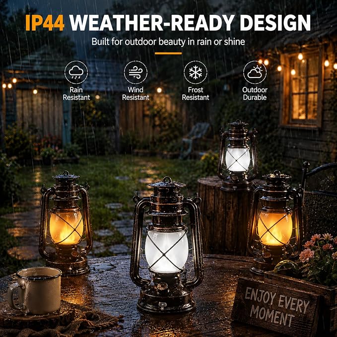 Rechargeable LED Lanterns 4 Pack, USB Charging Vintage Bronze Camping Lamps with Flickering Flame, Remote Control 4 Modes Hanging Lights for Patio Garden Porch Backyard Indoor Outdoor Halloween Decor