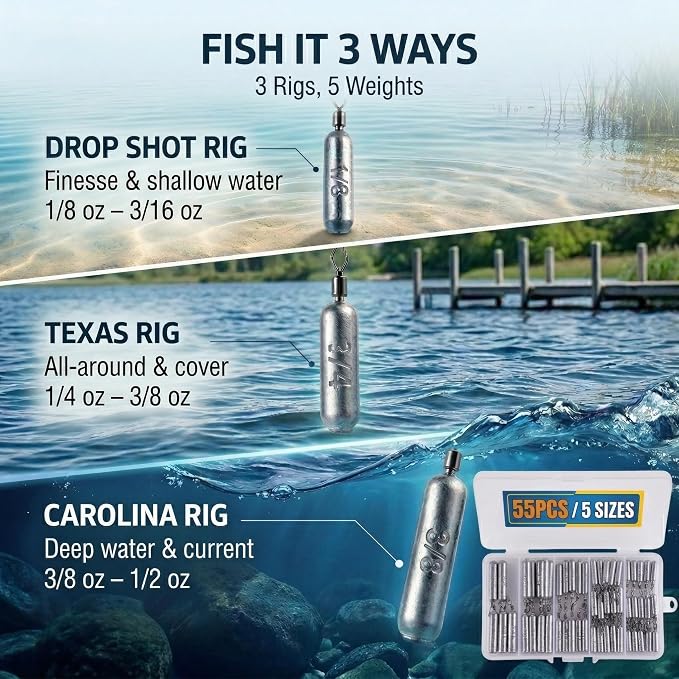 Drop Shot Fishing Weights, Lead Sinkers, 1/8oz, 3/16oz, 1/4oz, 3/8oz, 1/2oz, for Bass Fishing, Drop Shot Rig, Wacky Rig, Finesse Fishing