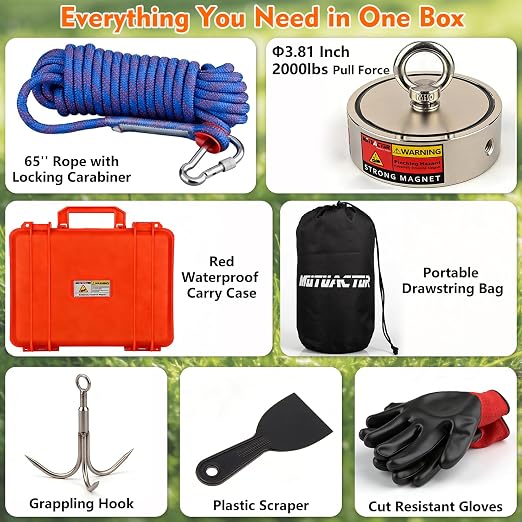 MUTUACTOR Fishing Magnet Kit Heavy Duty, Super Strong 2000lbs Double Sided Neodymium Magnet,Φ3.81”Permanent Rare Earth Magnets Fishing with 65FT Rope Gloves for Hunting Retrieval Underwater Searching