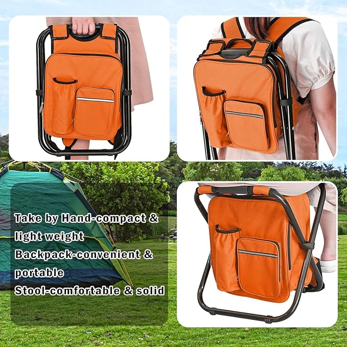 Kikerike Backpack Stool Cooler Chair Heavy Duty 300 LBS Max Load Portable Lightweight Stool Backpack Folding Fishing Cooler Seat for Camping Hunting Fishing - Orange